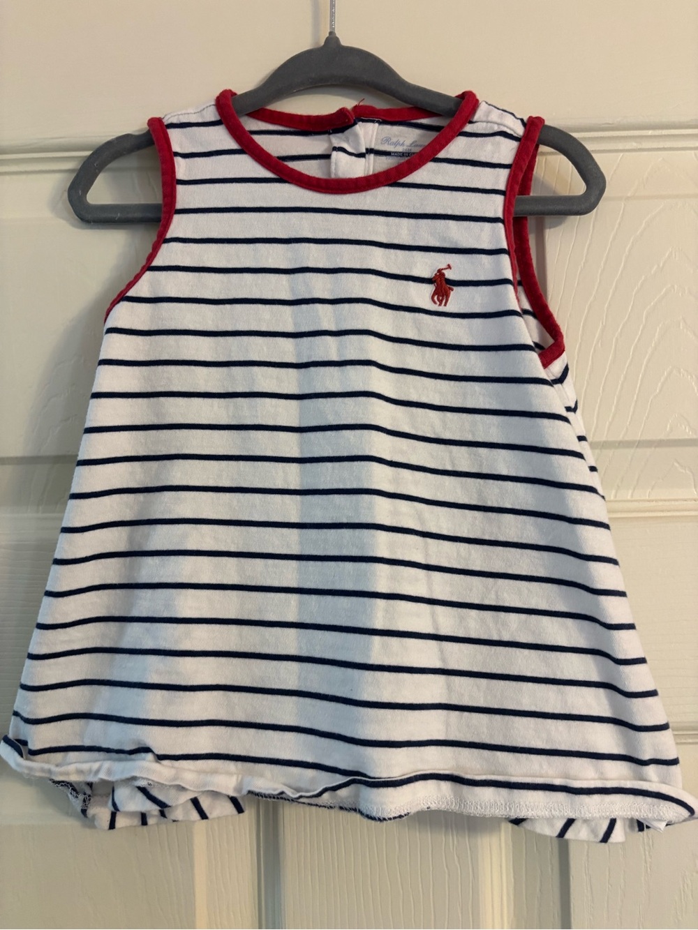 Ralph Lauren White Tank Top with Navy Stripes and Red Trim